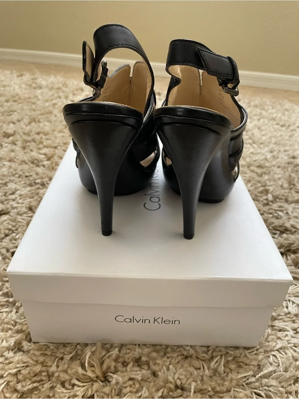 Calvin Klein Black Leather Slingback Strappy Heels